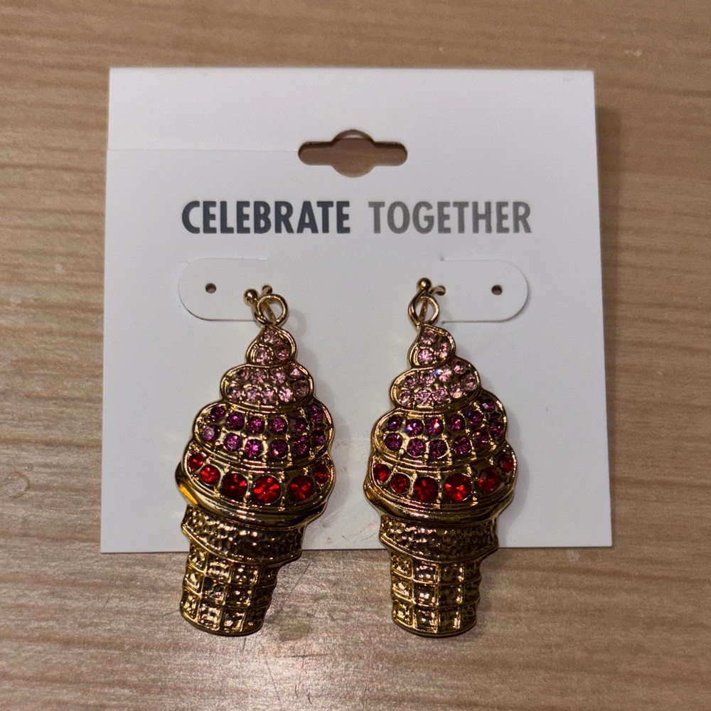 Celebrate Together Ice Cream Cone Earrings - Gold, Pink, Red